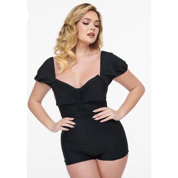 Unique Vintage Pinky Pinups 1950’s Black Bow Romper One Piece Swim Suit 2X NWOT - Picture 2 of 4
